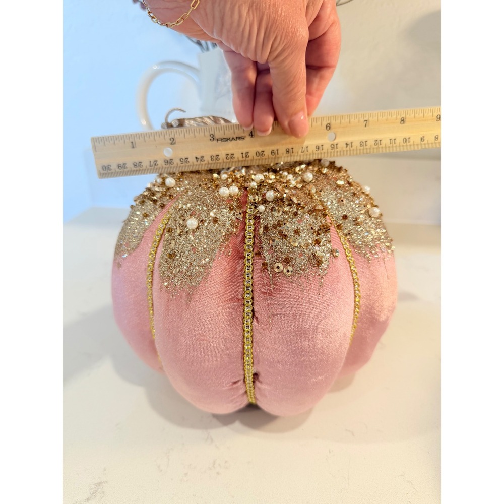 Pink Ceramic and Velvet Glam Decorative Pumpkin Set Gold Sequin Pearl Accents - Picture 7 of 7